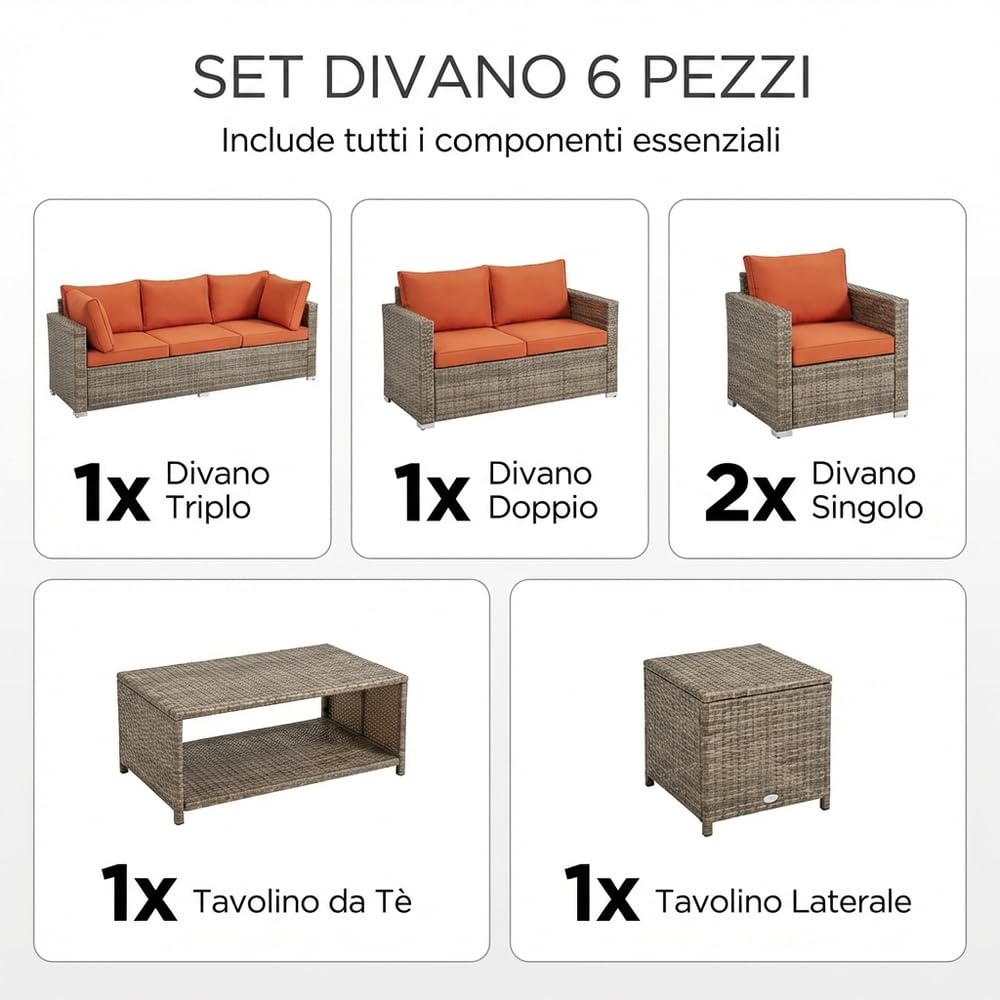 Salotto da Giardino Esterno Set Mobili 2 Divani 2 Poltrone e Tavolino con Cuscini in Rattan Pe Marrone Arancione
