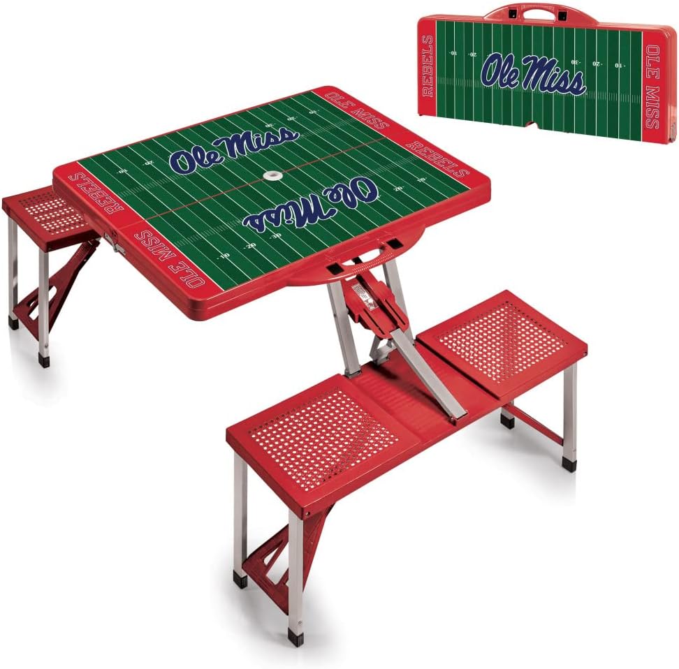 PICNIC TIME NCAA Ole Miss Rebels Football Field Folding Picnic Table - Camping Table - Outdoor Table with Umbrella Hole, (Red)