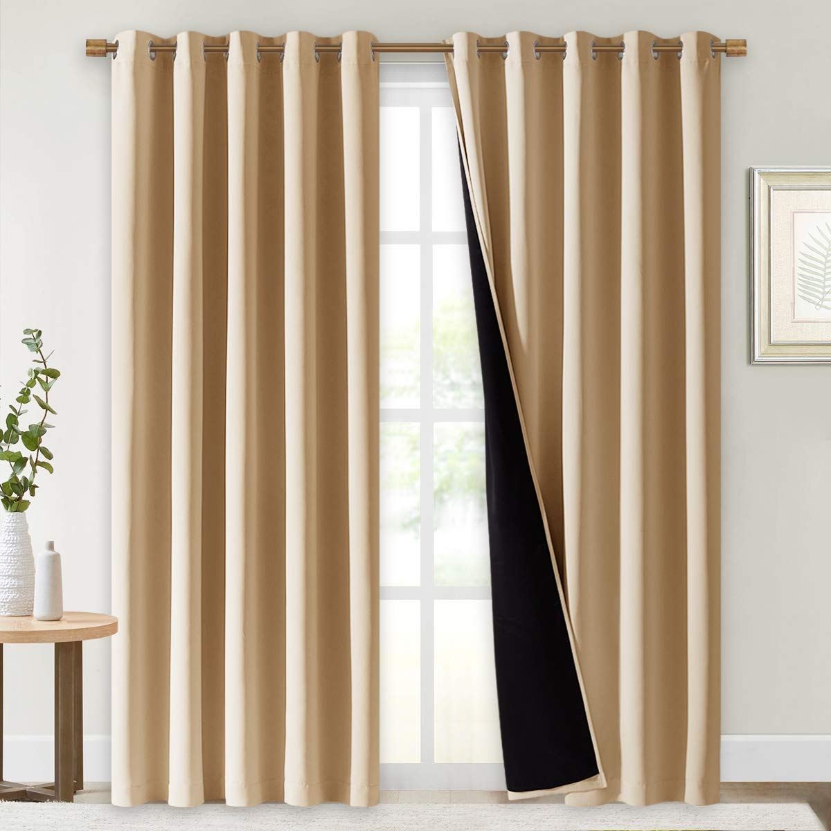 NICETOWN Living Room Completely Shaded Draperies, Privacy Protection &amp; Noise Reducing Ring Top Drapes, Black Lined Insulated Window Treatment Curtain Panels(Biscotti Beige, 2 Pieces, W70 x L84)