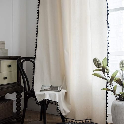 Miniatura 1 de Cortinas de estilo bohemio, de lino y de arpillera para dormitorio, cortinas de ventana semiopacas con borlas, juego de cortinas rústicas para