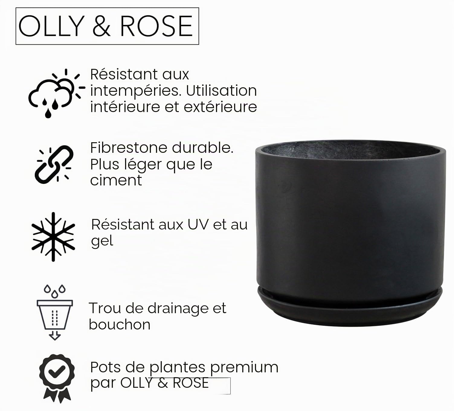 Olly & Rose Grand pot de fleurs noir mat avec soucoupe de 35,6 cm pour intérieur et extérieur