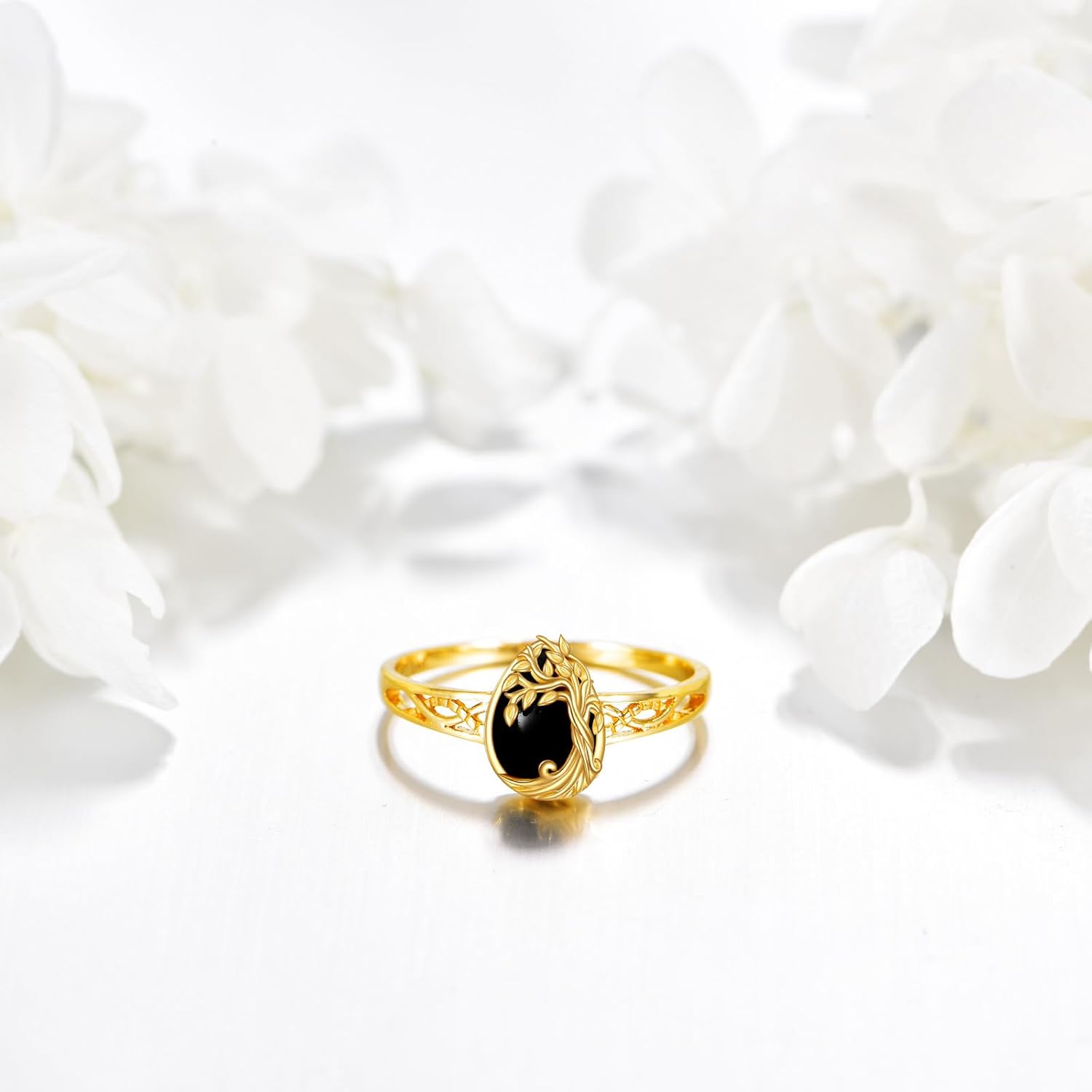 14K Solid Gold Black Onyx Ring 14K Gold Tree of Life Rings for Women Jewelry Gifts