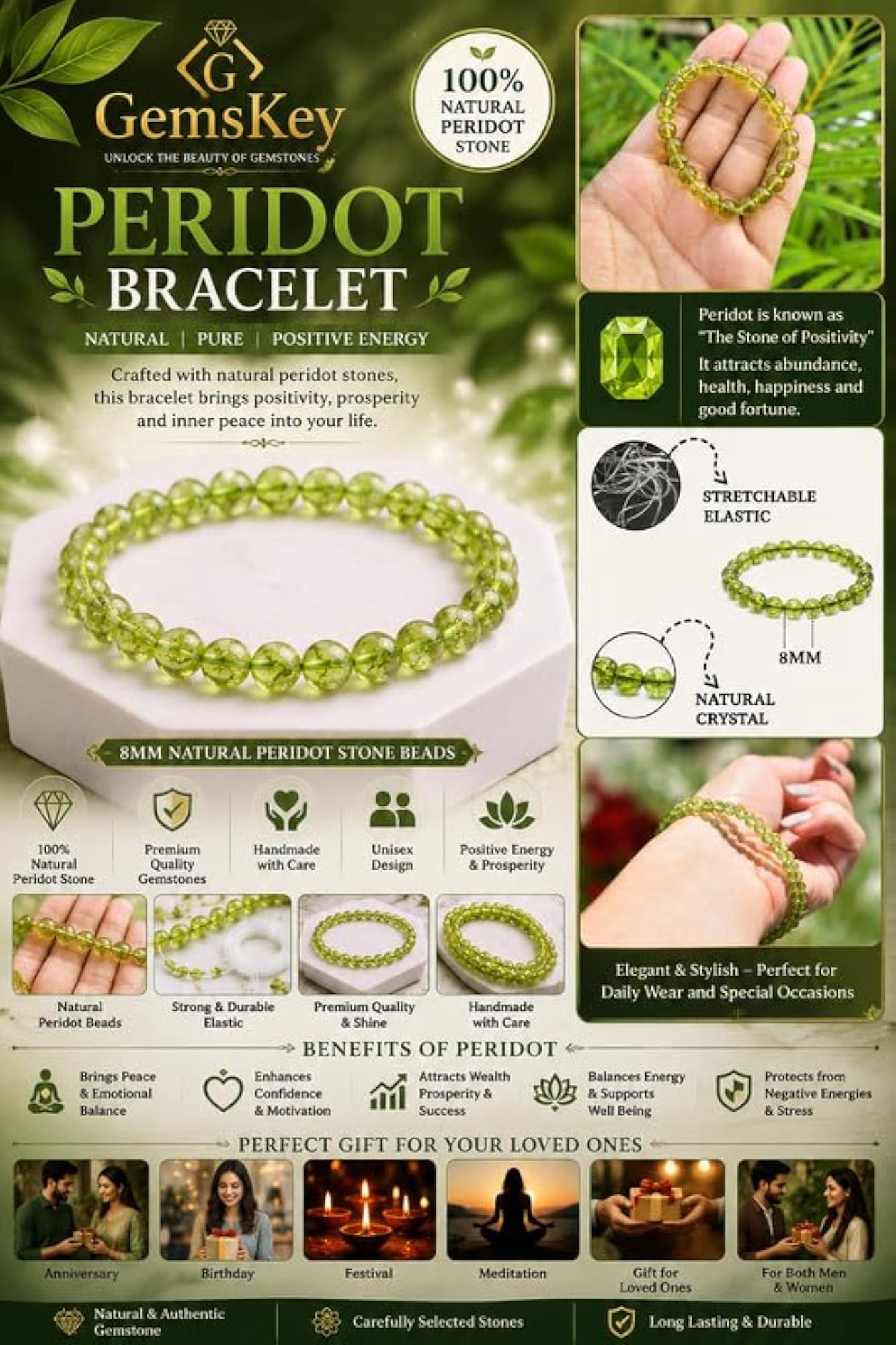 Adjustable Peridot Bracelet with Original Certified Green Stone