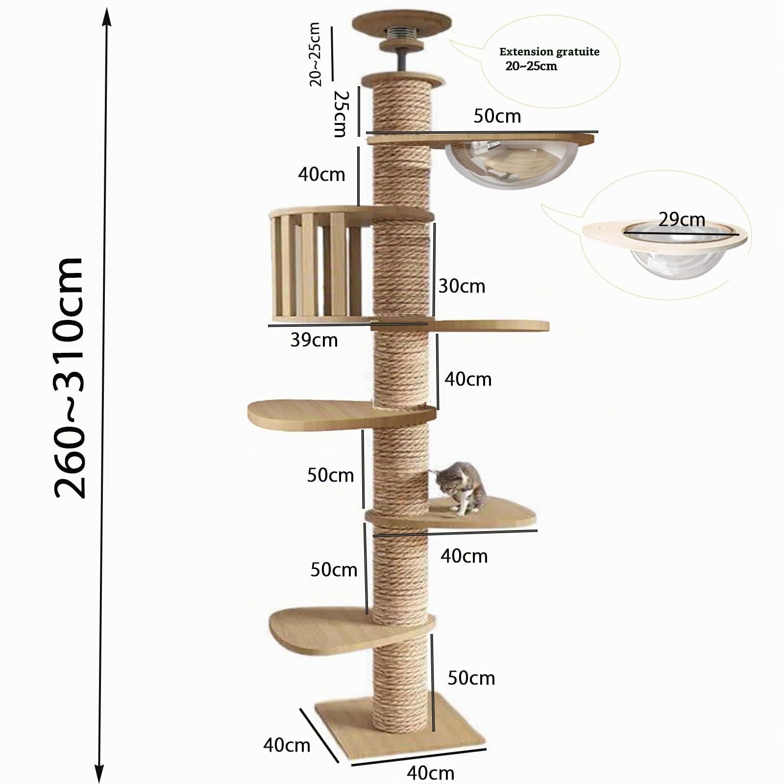 Mdpetpops Arbre à Chat du Sol au Plafond, Hauteur réglable, Grand Arbre à Chat avec griffoir de 11 cm, entièrement enveloppé avec Corde en sisal (240~250 cm, 265-275 cm T02)