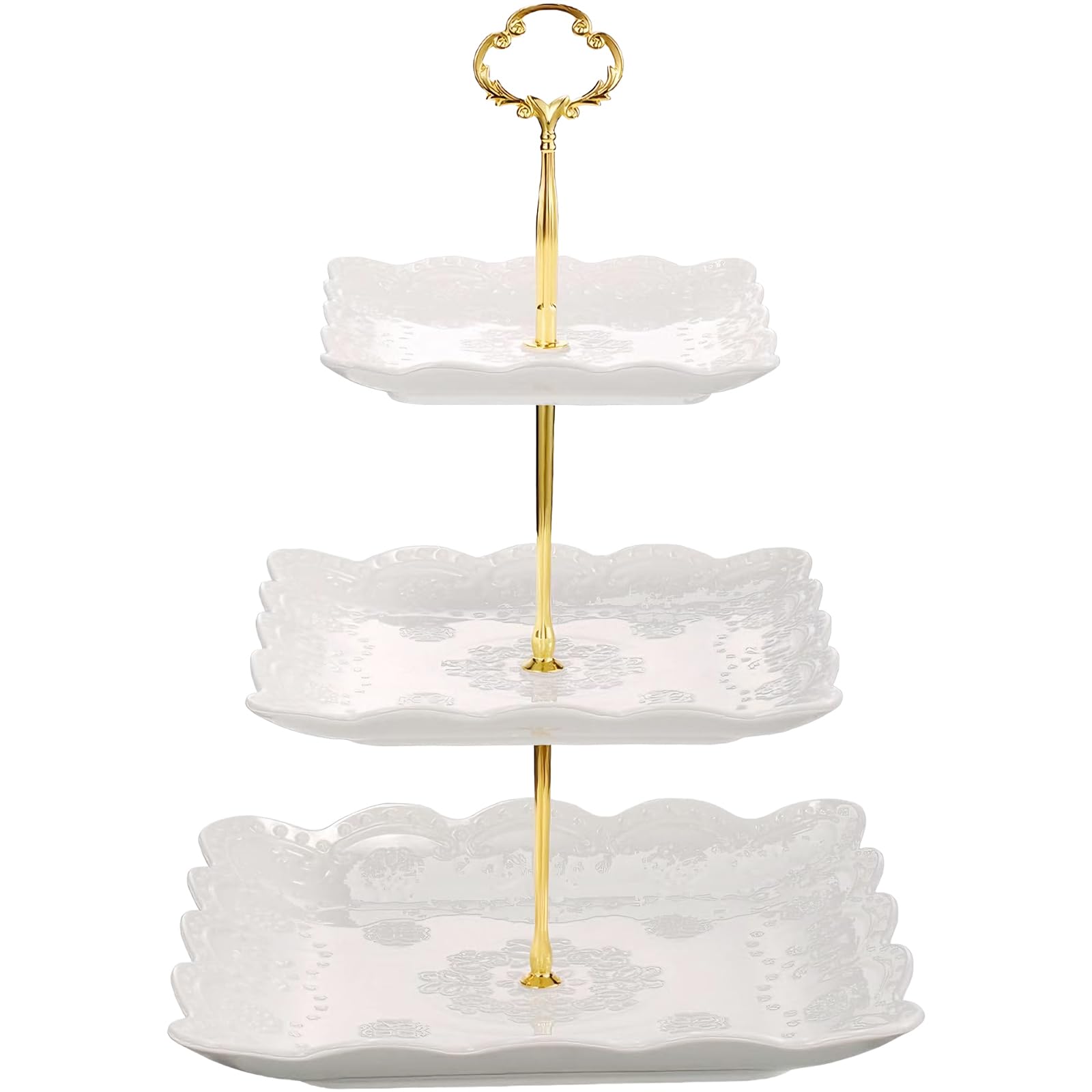 Houbobo 3 Tier Porcelain Cake Stand, Square Dessert Cupcake Stand Tower with God Rod, Ceramic Tiered Serving Tray for Tea Party/Birthday/Wedding