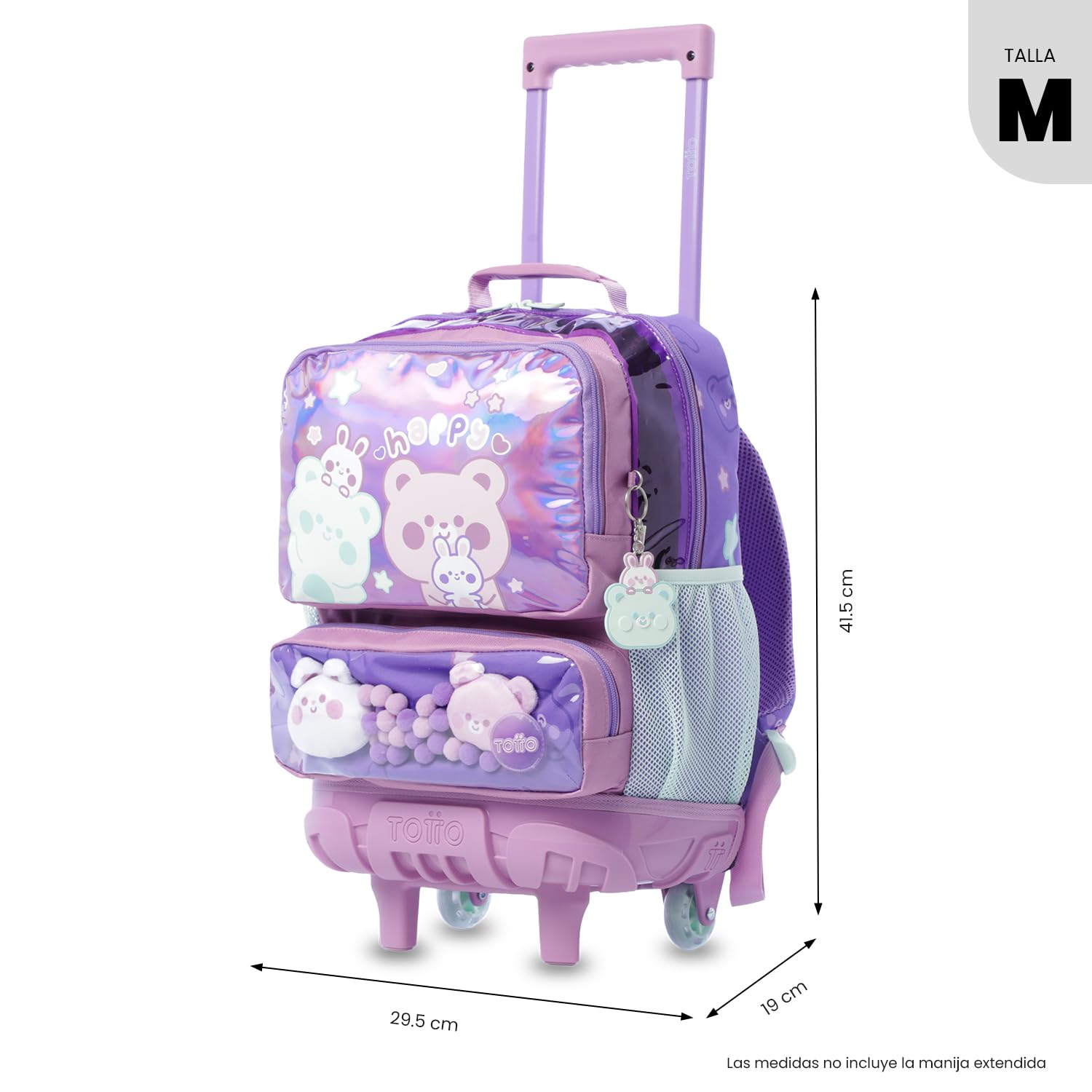 TOTTO - Mochila Escolar con Ruedas, Modelo Friends Party M, Mochila Mediana, Capacidad 23 L, Bolsillos Botella, 2 Compartimentos Frontales, Protección en la Base, Correas Ajustables, Estampado Morado
