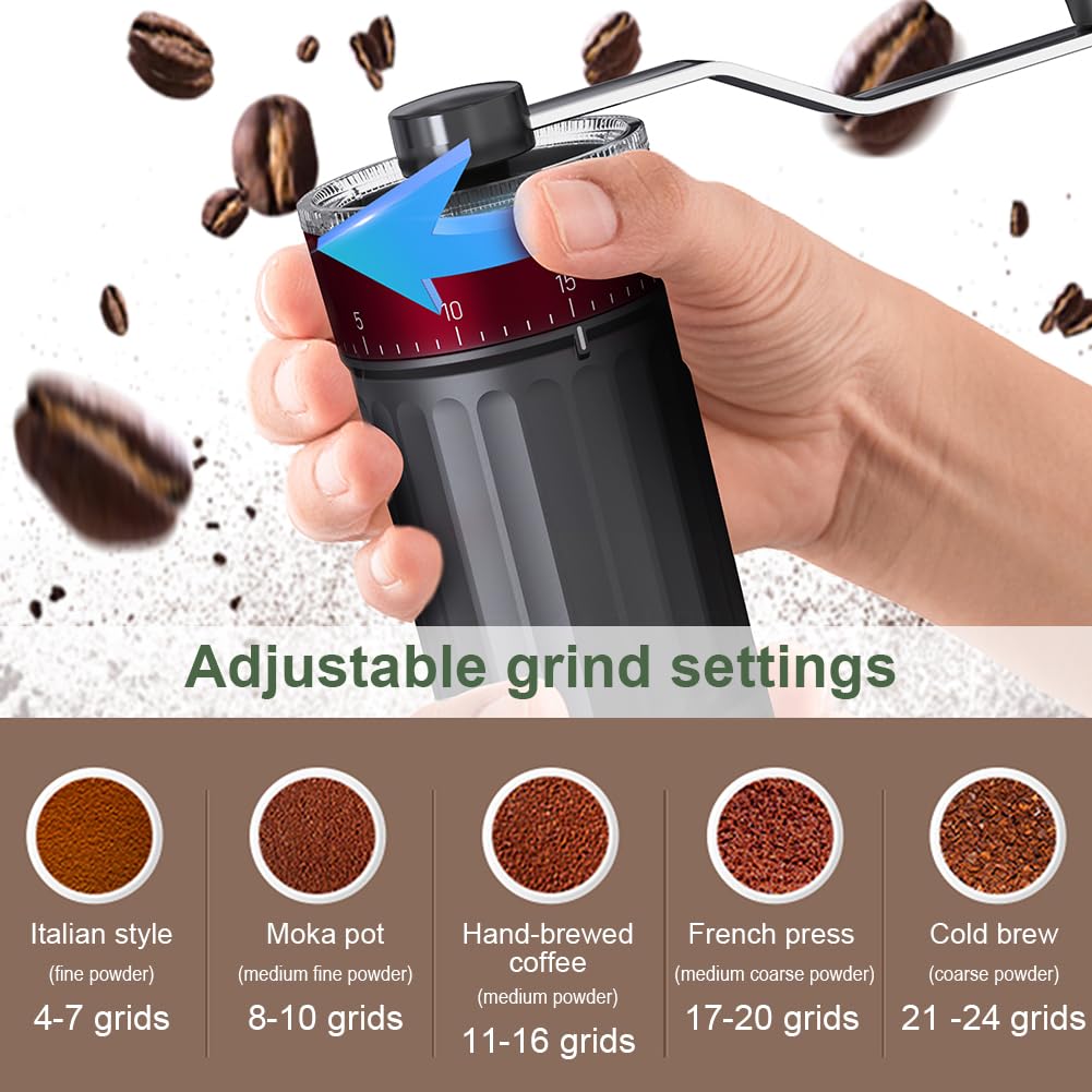 HOTUT Manuelle Kaffeemühle, Handkaffeemühle mit hochpräzisen Keramik-Kegelmahlwerk, Externe Verstellbarer Mahlgrad von grob bis fein, Handmühle kaffee für Zuhause, Büro, Reise