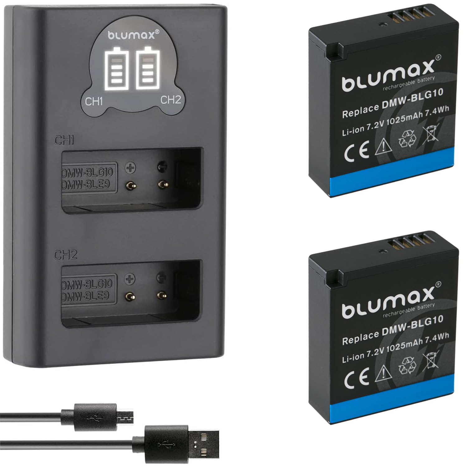 2 batterie di ricambio per Panasonic DMW-BLG10 / DMW-BLG10E [1025mAh] + Mini Dual Charger DMW-BLE9 E BP-DC15 E per Lumix DMC-GF6 GX7 III DC-TZ202 G110
