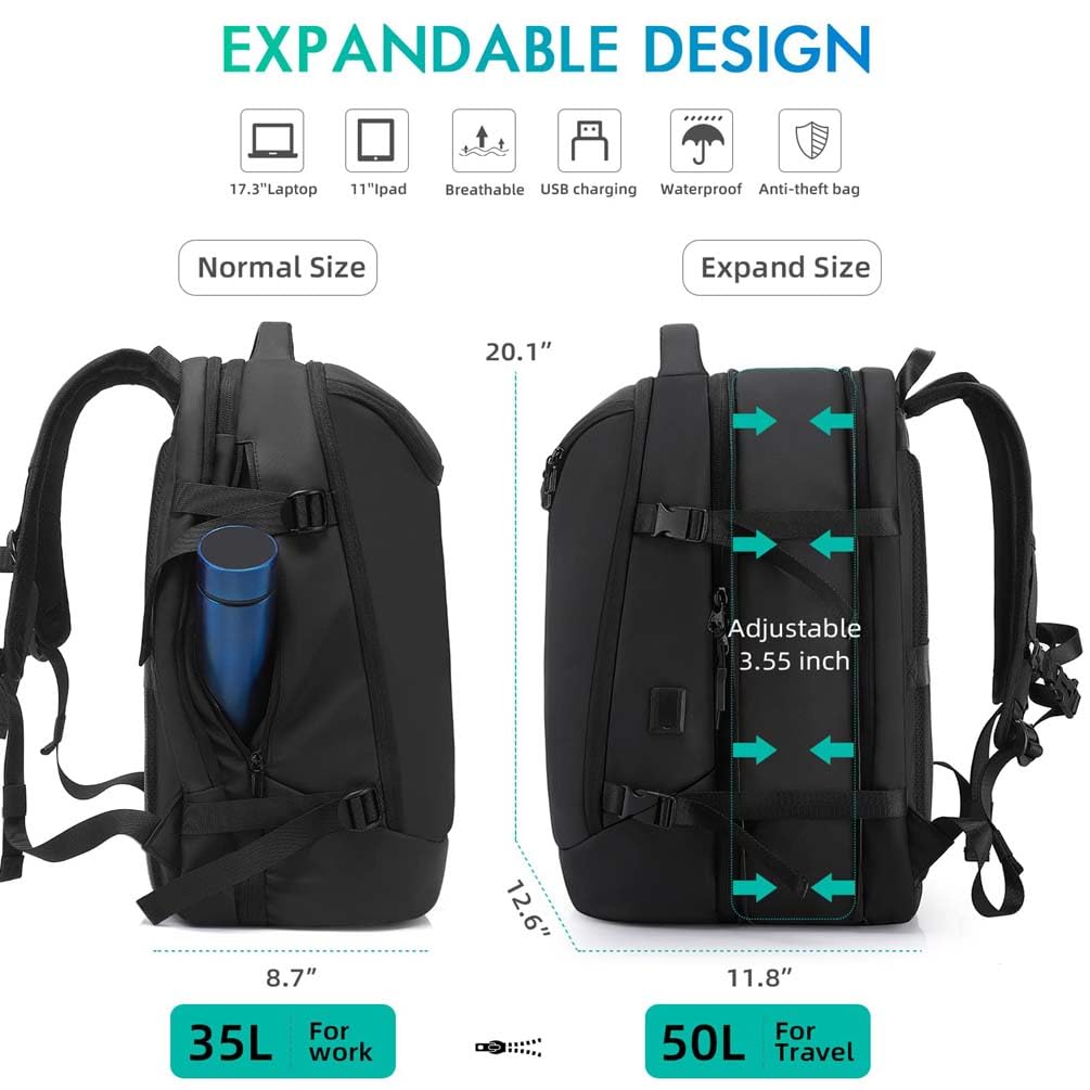 Uomini e Donne Zaino da Viaggio, Espandibile Zaino Porta PC 17.3 Pollici Impermeabile Zainetto Lavoro Con Vano per Computer e Porta di Ricarica USB per lavoro Università,Nero