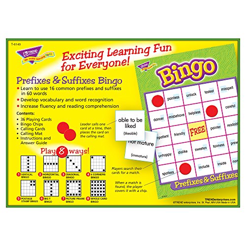 TREND ENTERPRISES: Prefixes & Suffixes Bingo Game for Ages 8+, 2-36 Players, Fun for Classrooms and Home