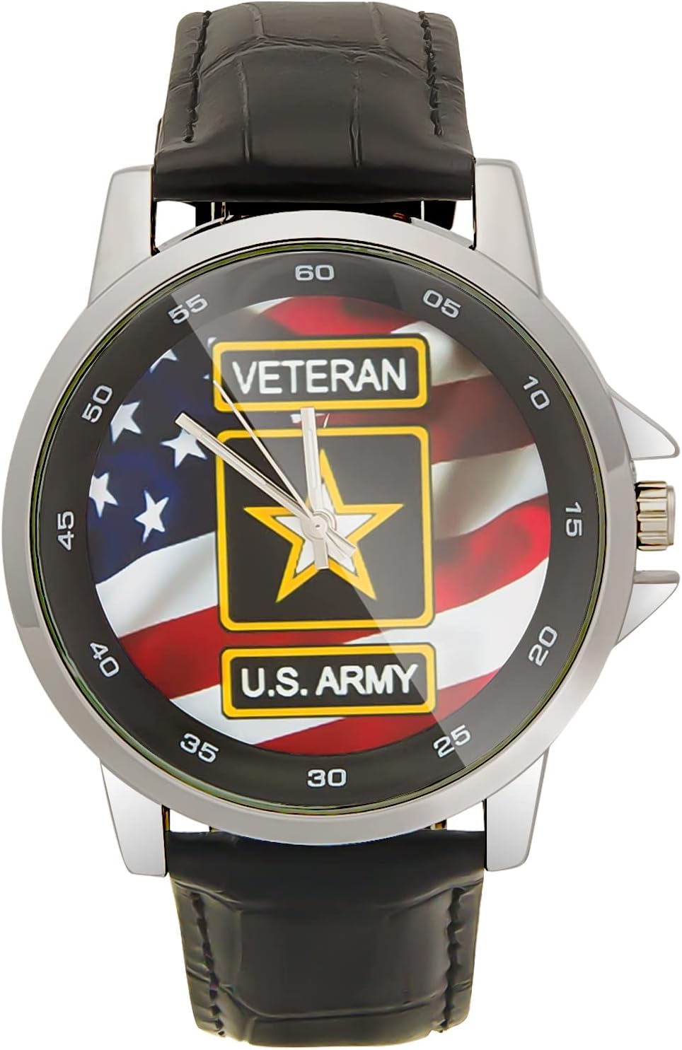 US Army WatchSpecial Design Military US Army Veteran and American Flag Custom Unisex Stainless Steel Leather Strap Watch Metal Case, Tempered Glass, Black Leather Band