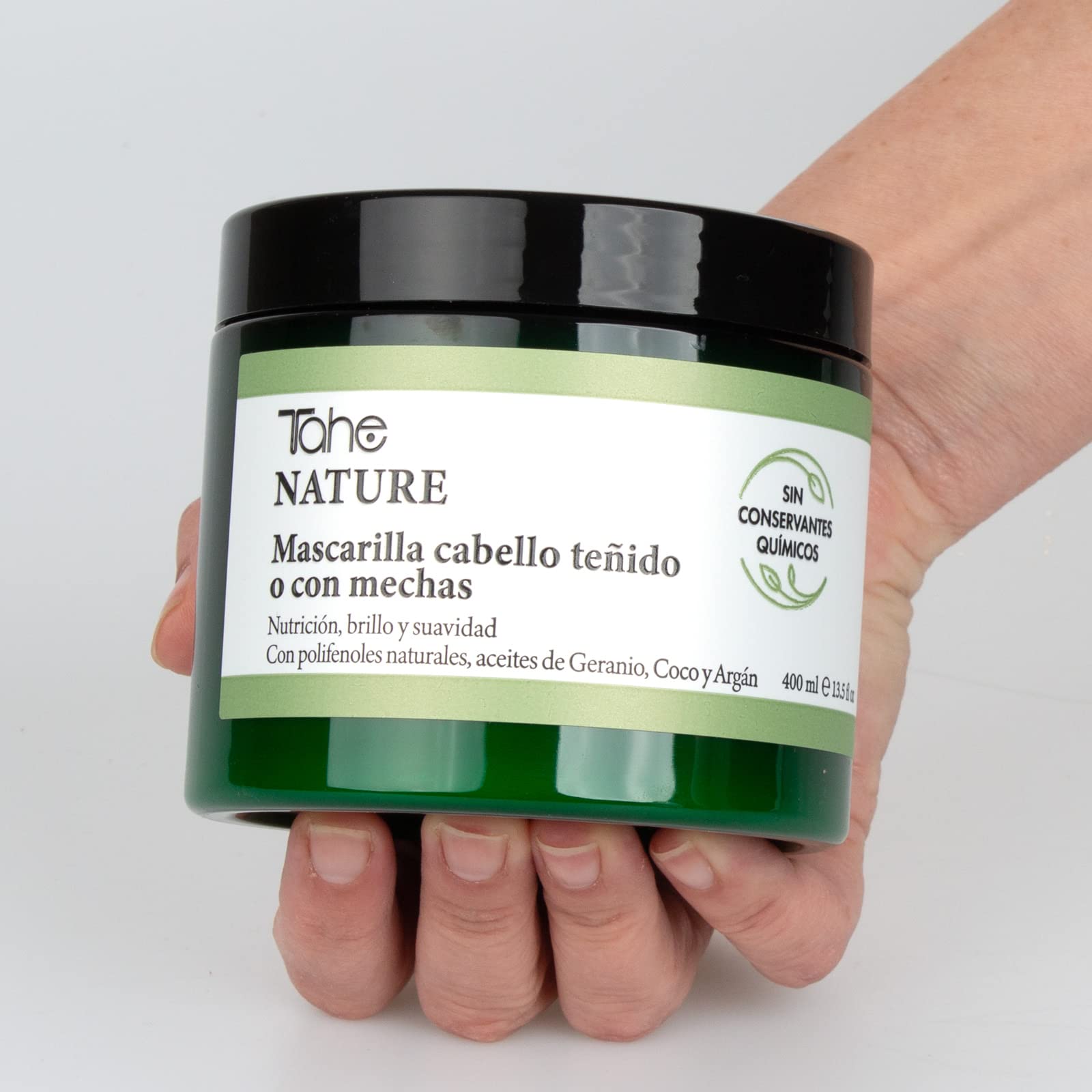 Tahe Nature Maska do włosów farbowanych lub knot z naturalnymi polifenolami, Olejki geraniowe, kokosowe i arganowe, 400 ml