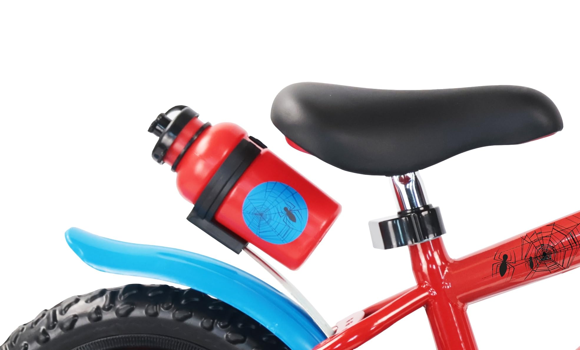 Vélo 12" Spiderman de Marvel/Disney - 1 Frein - Pignon Fixe - Pneus Increvables EVA - Roues Bâtons - Plaque - 2 Stabilisateurs - Garde Boue - Carter de Protection - Bidon arrière