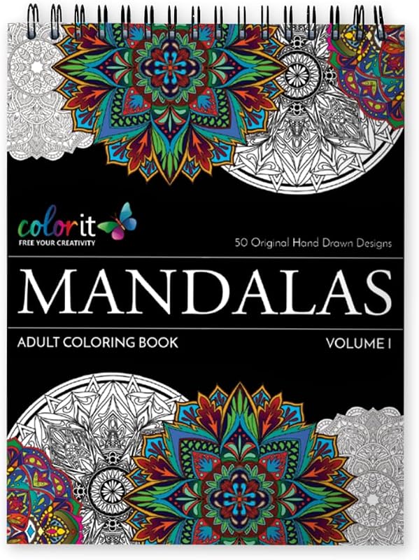 Libro para colorear mandalas para adultos con papel grueso de calidad de artista, cubiertas de tapa dura y encuadernación en espiral de ColorIt | 50 diseños de mandalas dibujados a mano | Encuadernación en espiral | Papel grueso de artista | Páginas perforadas | Cubierta de tapa dura | Secante de tinta