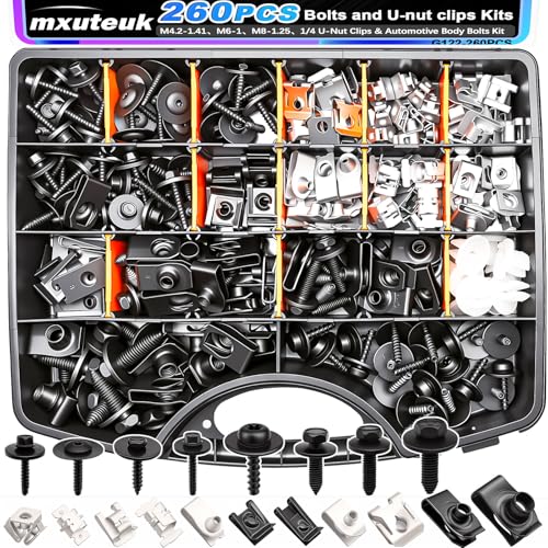 mxuteuk 260PCS U-Nut Clips & Automotive Body Fender Bolts Kit for Most Cars Fender Engine Undertray Cover Engine Cover & Bumper Fender Liner