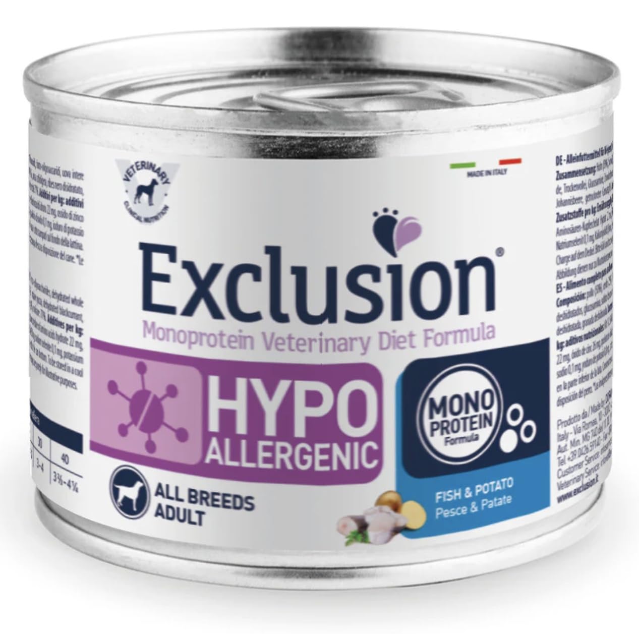 Exclusion Hypoallergenic Monoprotein, Formula Pesce e Patate, Tutte le Razze Adulte, 6 lattine da 200 g
