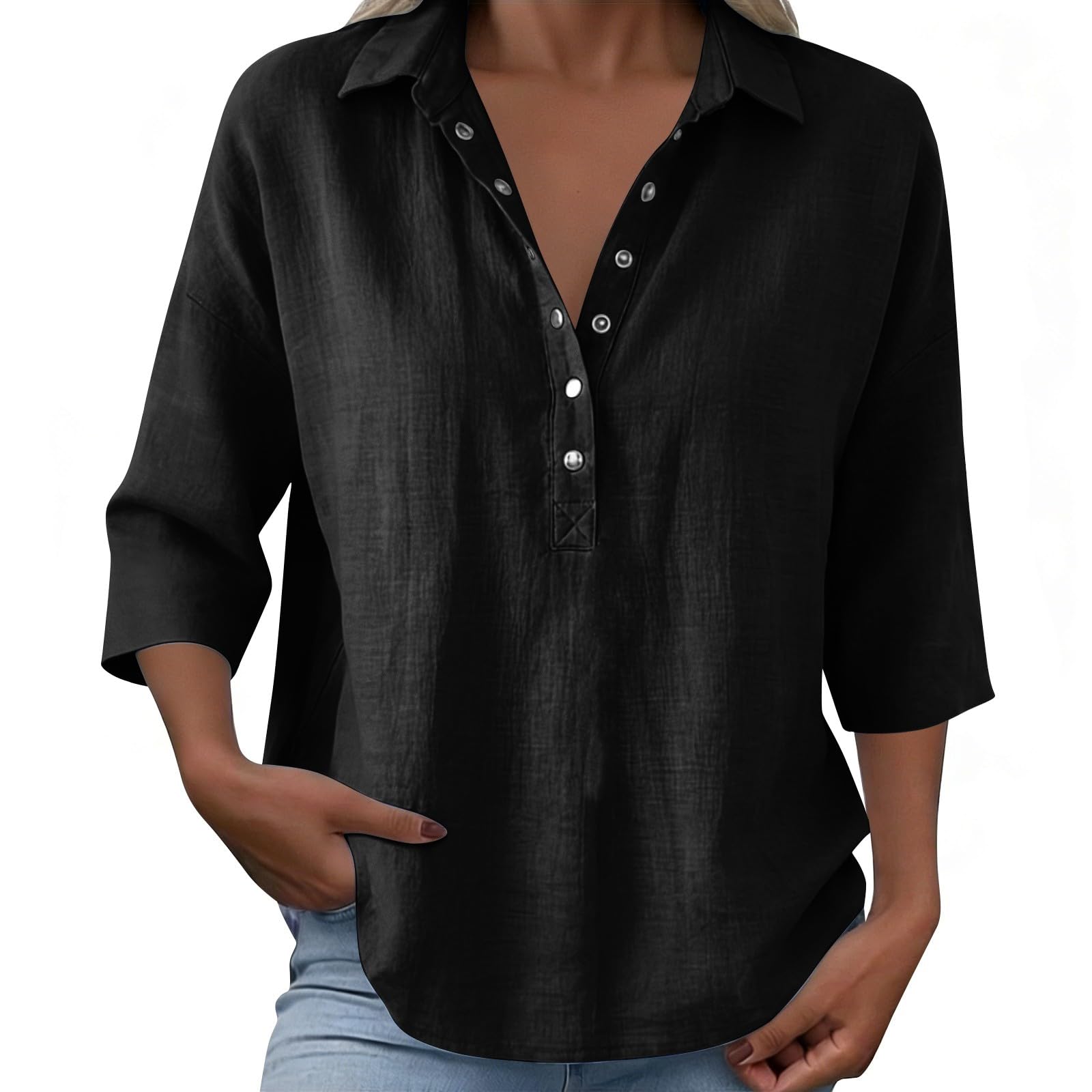 Donna Manica 3/4 Lino T Shirt V Button Down Tinta Unita Polo Camicia Elegante Blusa Top Lavoro Casual Basic Tunica Estiva Spiaggia vacanze Oversize T Shirt 2026 Comoda e Traspirante Classico Maglietta