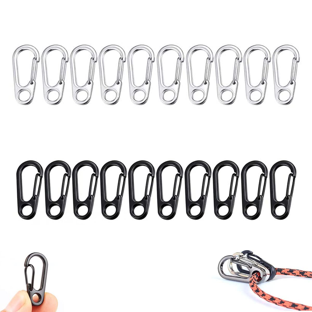 Jrzyhi Lot de 20 mini mousquetons boucle ressort pour sac à dos fermoir à ressort mousqueton porte-clés extérieur noir argent