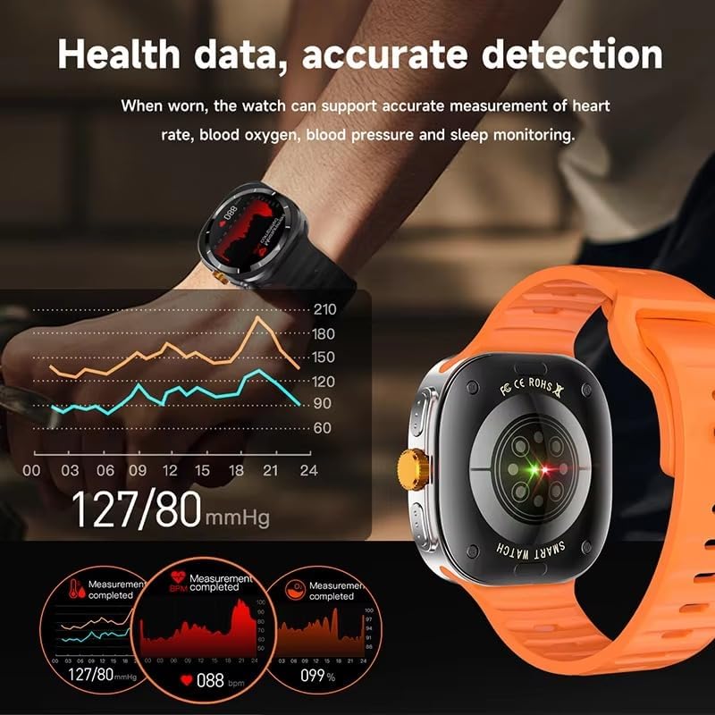 Smartwatch displaying health data including heart rate, blood oxygen, and blood pressure measurements.