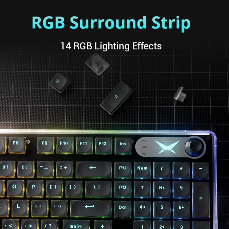 Keyboard with RGB surround strip displaying multiple colors