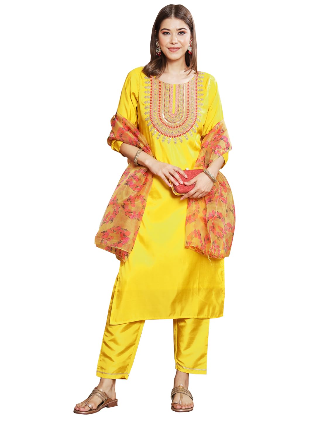 VredeVogel Women's Silk Blend Solid Embroidered Kurta with Pant & Dupatta Set