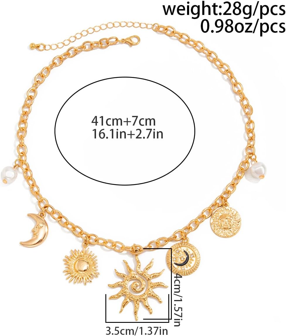 PLOUTOS Gold Celestial Pendant Necklace for Women Layered Chunky Chain Sun Moon Star Charms Statement Boho Fashion Jewelry Gift For Women Party Date