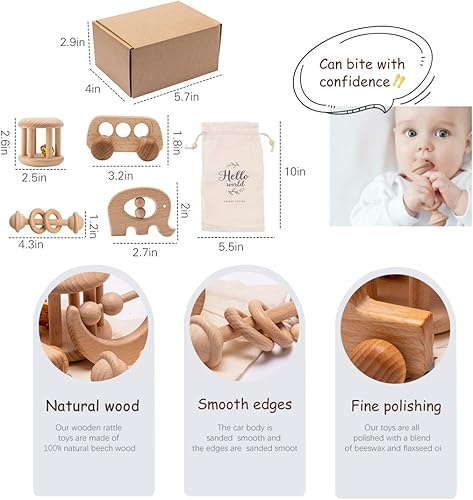 Miniatura 7 de Juguete de sonajero de madera orgánica del bebé Montessori Rattle Roller Waldorf inspirado agarrando juguetes para niños pequeños