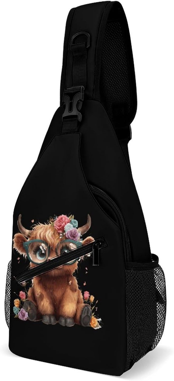 Highland Cow Men Crossbody Sling Backpack Chest Bag | Travel Fanny Pack,Hiking Daypack,Print Shoulder Bags