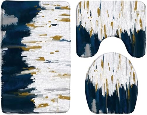Juego de 3 alfombras de baño azul marino y dorado, pinceladas abstractas, pintura al óleo, acuarela, rayas, degradado, moderno, geométrico, azul,