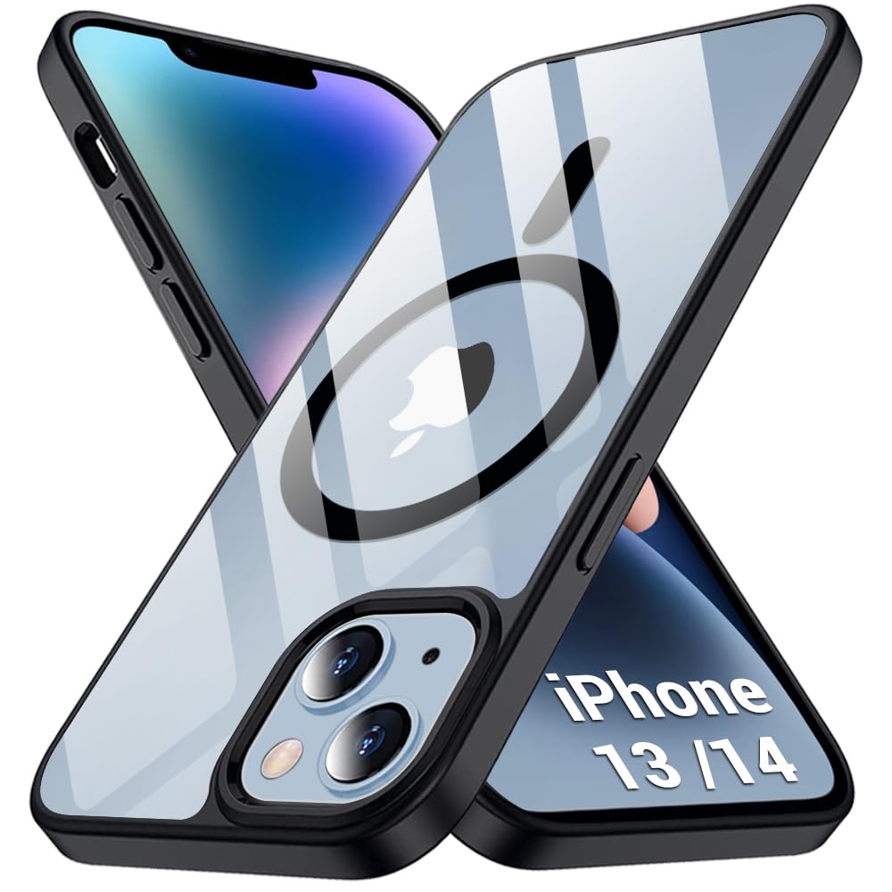 TheGiftKart Ultra-Hybrid Shockproof Back Cover Case for iPhone 13 / iPhone 14 | Camera Protection Bump | Hard Crystal Clear Back Cover Case for iPhone 13/14 (PC & TPU, MagSafe Compatible, Black Sides)