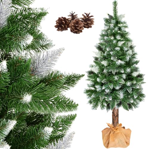 SPRINGOS Árbol de Navidad con tronco de madera, piñones naturales, nieve artificial, 180 cm, pino artificial, imitación de pino