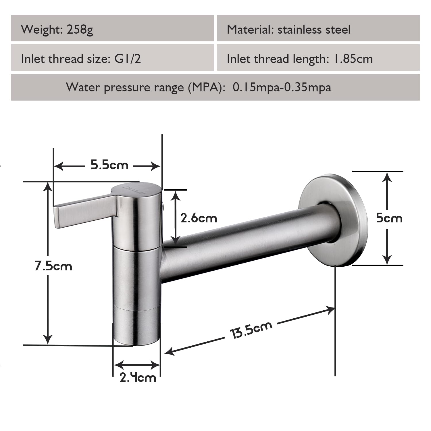 Decaura Grifo de agua fría montado en la pared de acero inoxidable grifo de agua fría montado en la pared de 13 cm grifo frío en pared para baño, lavabo, balcón, cocina