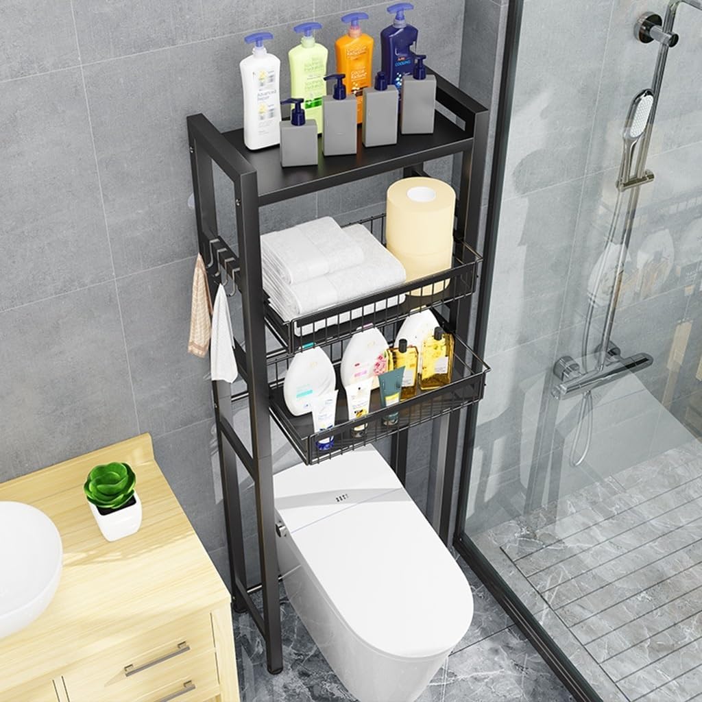 Black 3-Tier Over The Toilet Storage Shelf with 4 Hooks, Freestanding Toilet Shelf with Shelves and Pull-Out Type Baskets, Above Toilet Rack for Bathroom Restroom