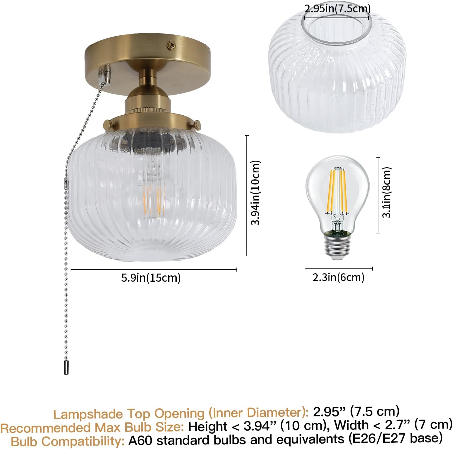 KEESFU Semi Flush Mount Ceiling Light in Gold Bronze, Vintage Glass Ceiling Light with Pull Chain Switch, Modern Gold Hallway Light Fixture for Bedroom, Kitchen, Hallway, Entryway