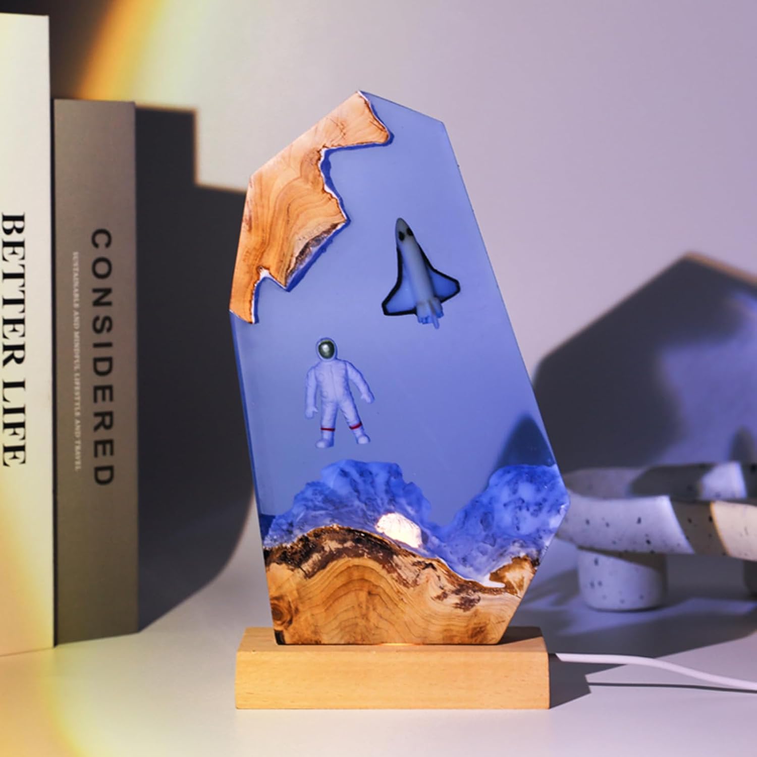 Creative Epoxy Resin Wood Lamp - Large Diver and Humpback Whale Led Lights Sea Plants 3D Night Light Desktop Ornaments Office Bedroom Room Decor Gift for Family Friends (Traveling Astronaut)