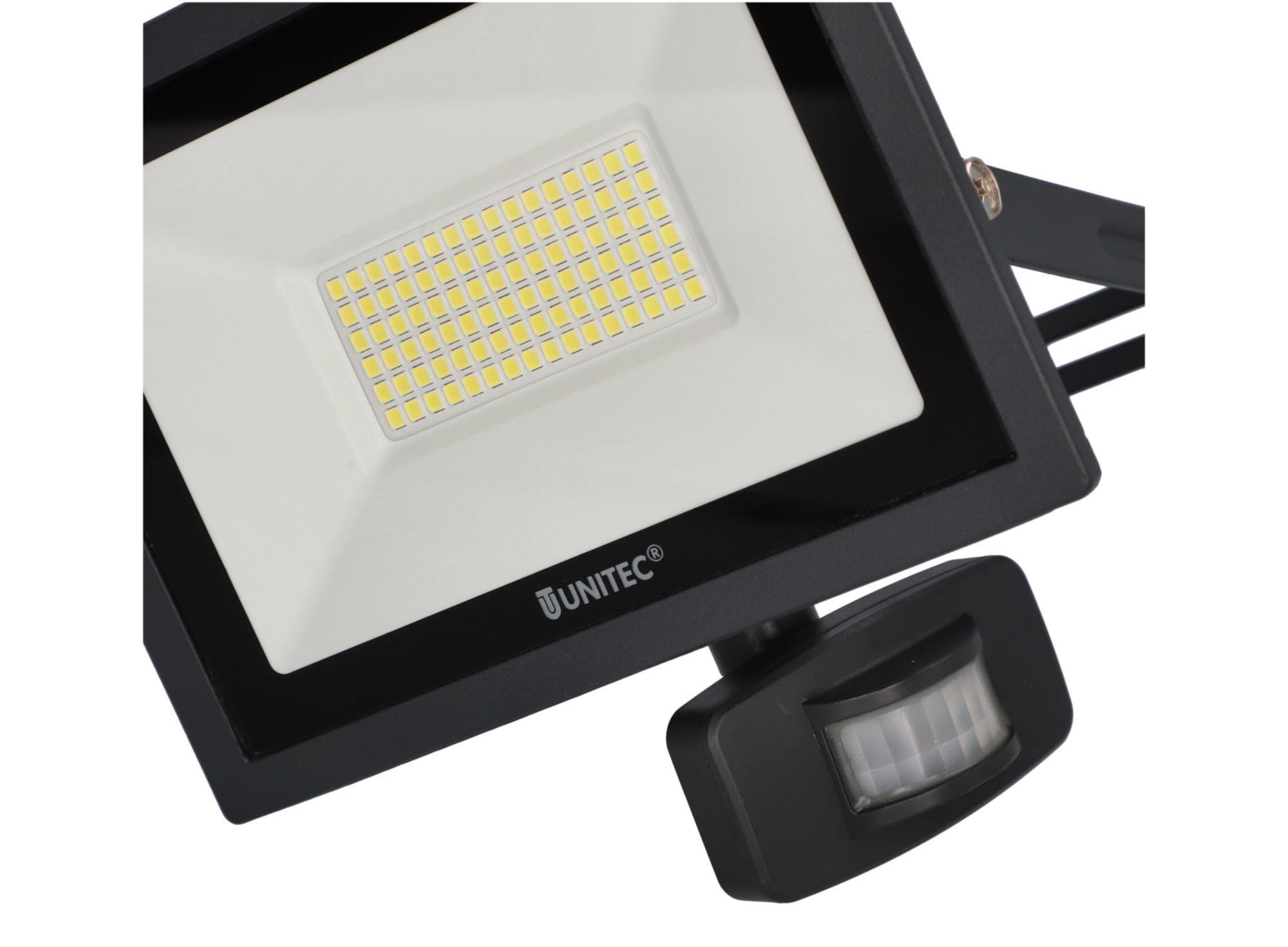 UNITEC Reflektor LED z czujnikiem ruchu na podczerwień 180° 50 W, 4000 lumenów, w zestawie przyłącze kablowe, 6500 K, antracyt, IP44, odlew ciśnieniowy aluminium, bezpieczne szkło, klasa efektywności energetycznej A+