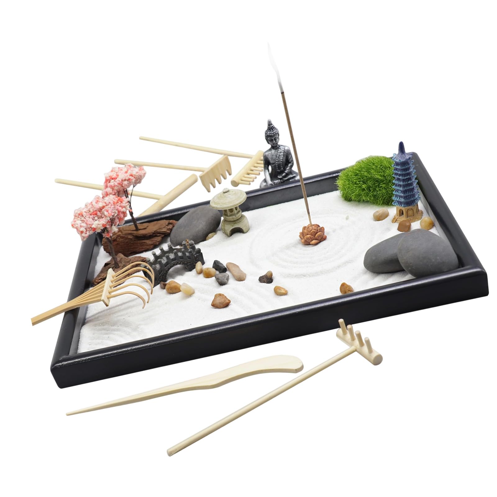 MURYE Japanese Theme Miniature Garden with Rakes Bonsai for Mindful Art Practice Calm Meditations Desktop Sand Box