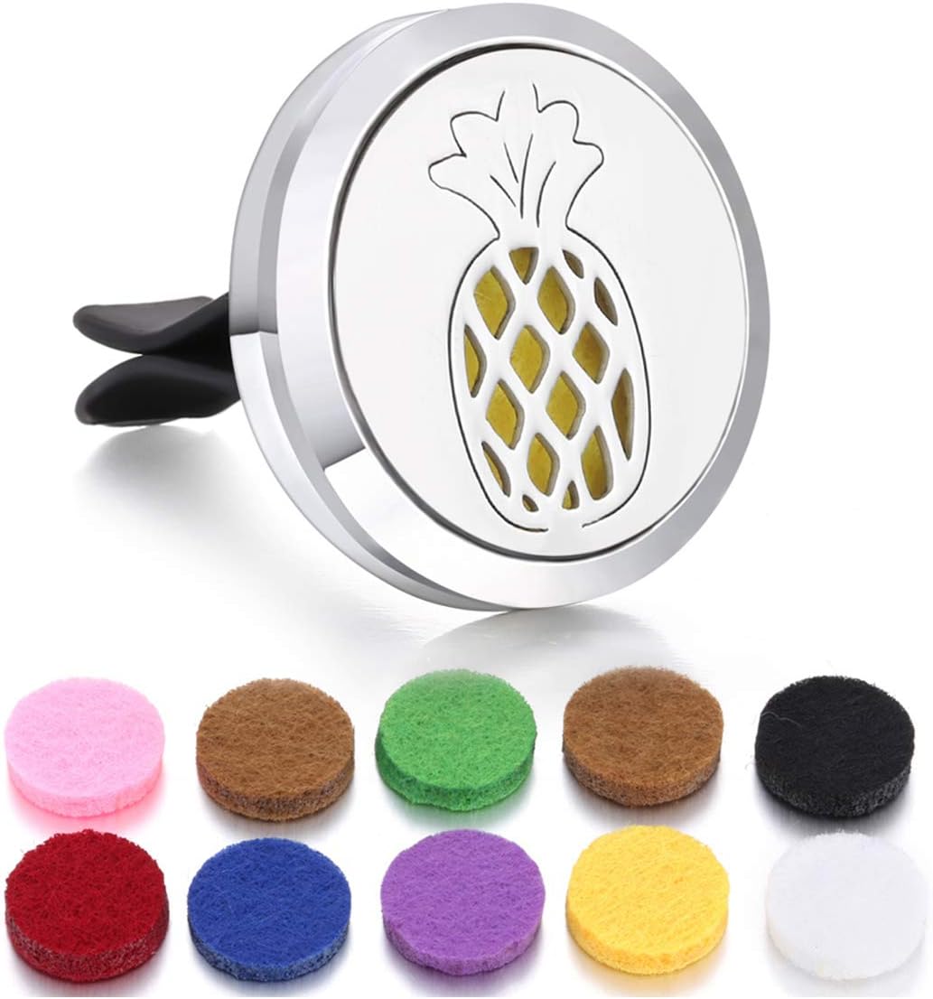 Pineapple Car Essential Oil Diffuser Car Aromatherapy Air Freshener Stainless Steel Locket with Vent Clip 10 Felt Pads