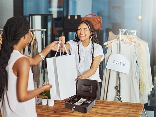 Miniatura 5 de Caja de dinero con cerradura y bandeja de dinero, caja de dinero de metal, caja grande para dinero 9.84 x 7.87 x 3.54 pulgadas, color negro