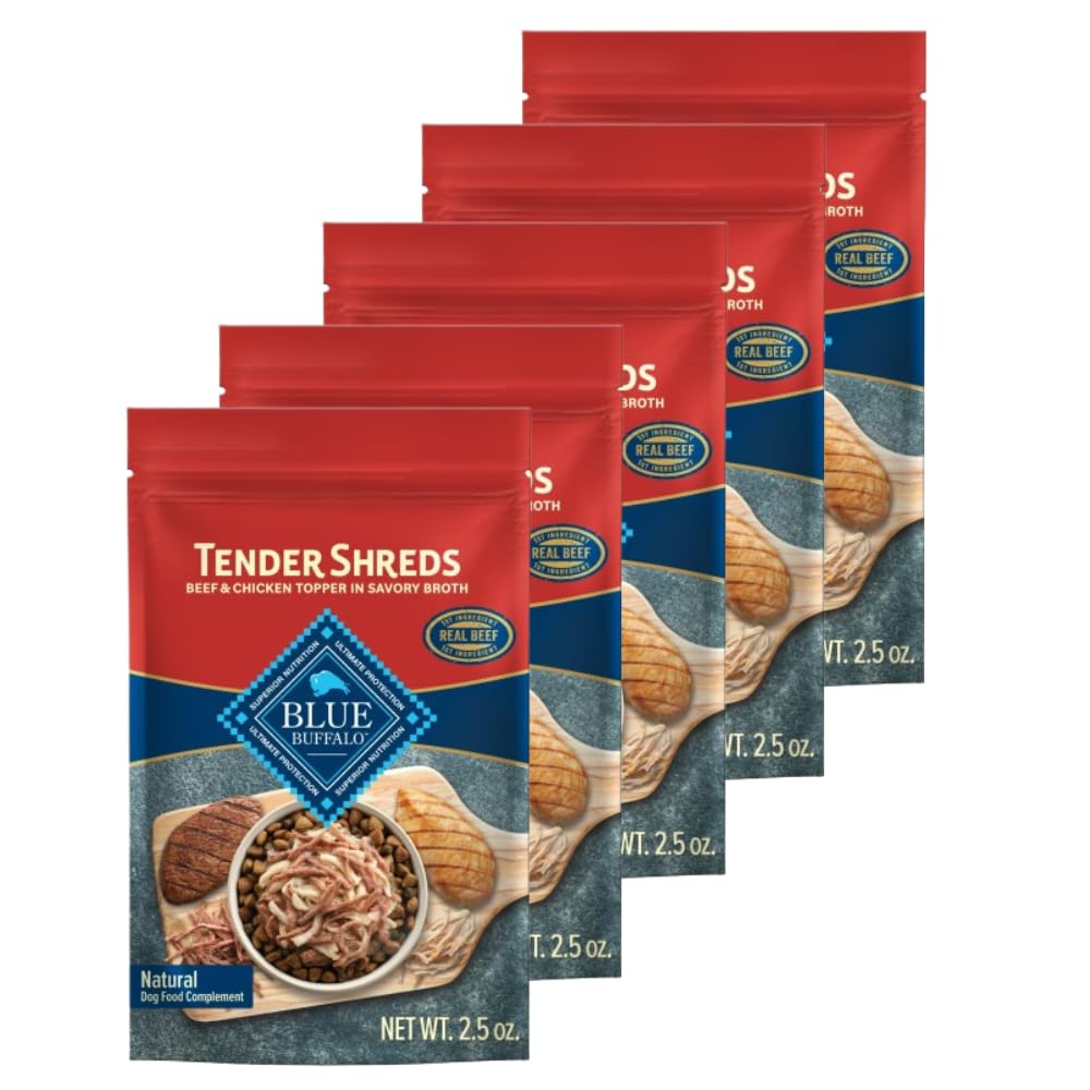 Tender Shreds Toppers, Dog Food, Beef & Chicken - Tender Shreds Perfectly Portioned Dog Food Toppers in Easy-to-Open Pouches, Pack of 5 X 2.5 Oz