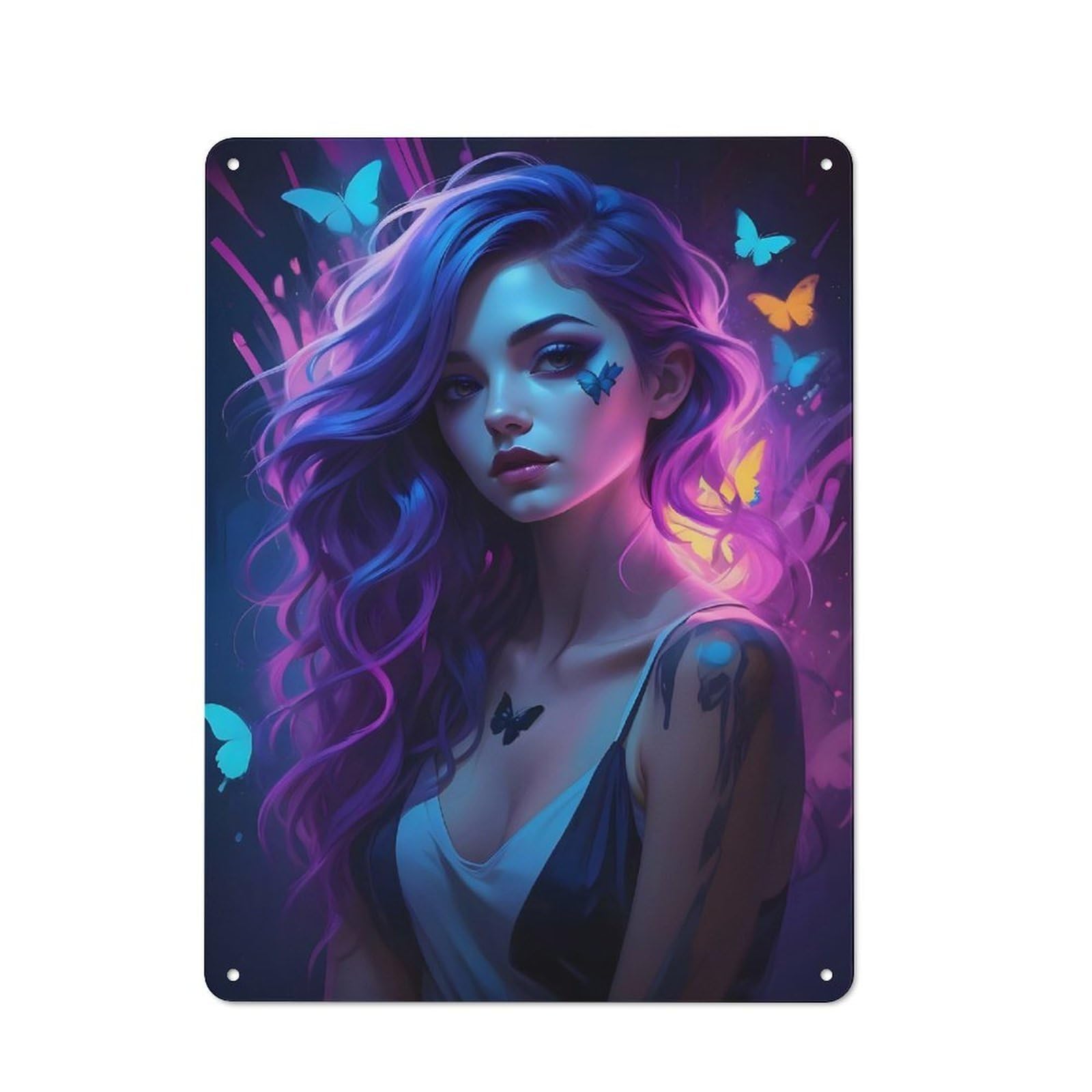 40x30cm Rustic Metal Sign with Purple Hair Girl with Butterflies for Kitchen Or Home Bar, for Metal Sign Collectors, for Garage And Workshop Walls