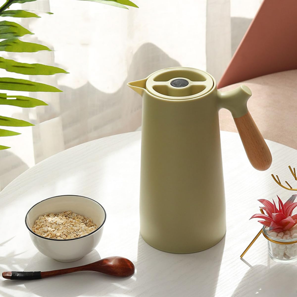 Homoyoyo Isolierte Thermosflasche 1l mit Holzgriff und Kunststoff Glaseinsatz für Zuhause und Büro Hält Getränke Heiß kein Unangenehmer Geruch