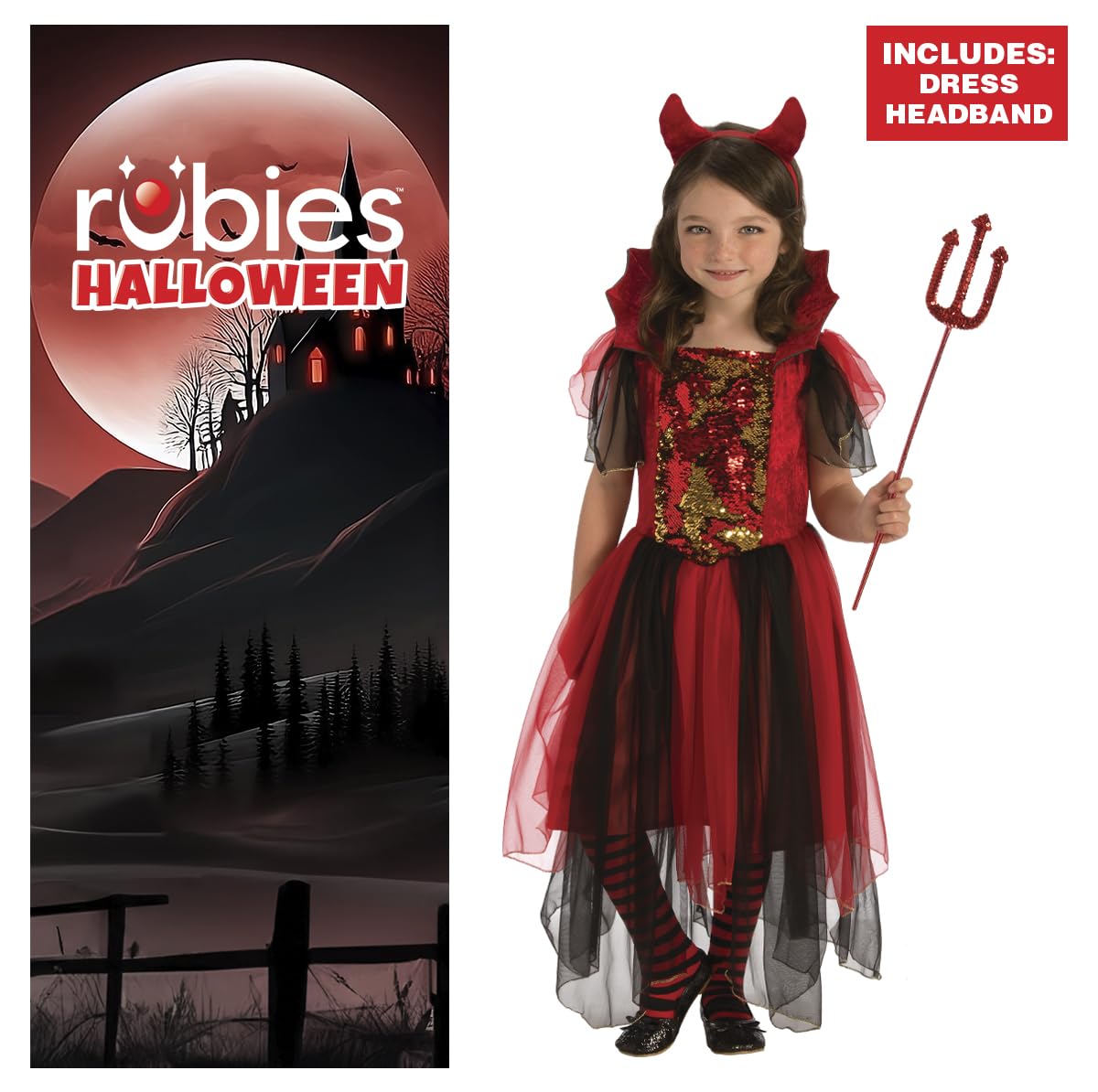 Rubies Costume da strega diavolo per bambina, vestito da strega diavolo con dettagli glitterati e fascia per capelli con corna
