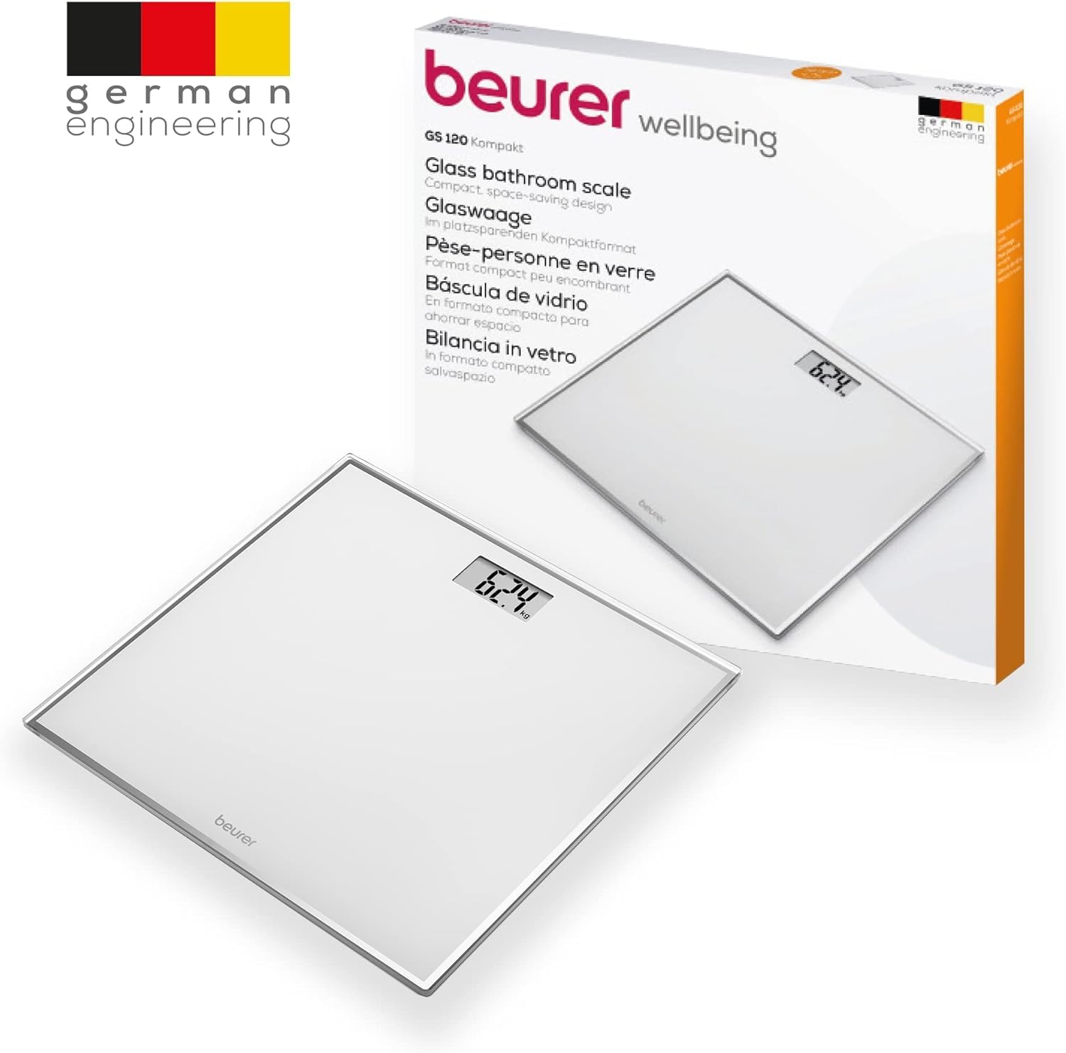 Beurer GS 120 Bilancia Digitale Compatta in Vetro con Effetto Specchio, Display LCD 22 mm, Portata 150 kg, Formato Salvaspazio 27x26 cm, Graduazione 100 g, Auto-On/Off, Design Elegante e Moderno