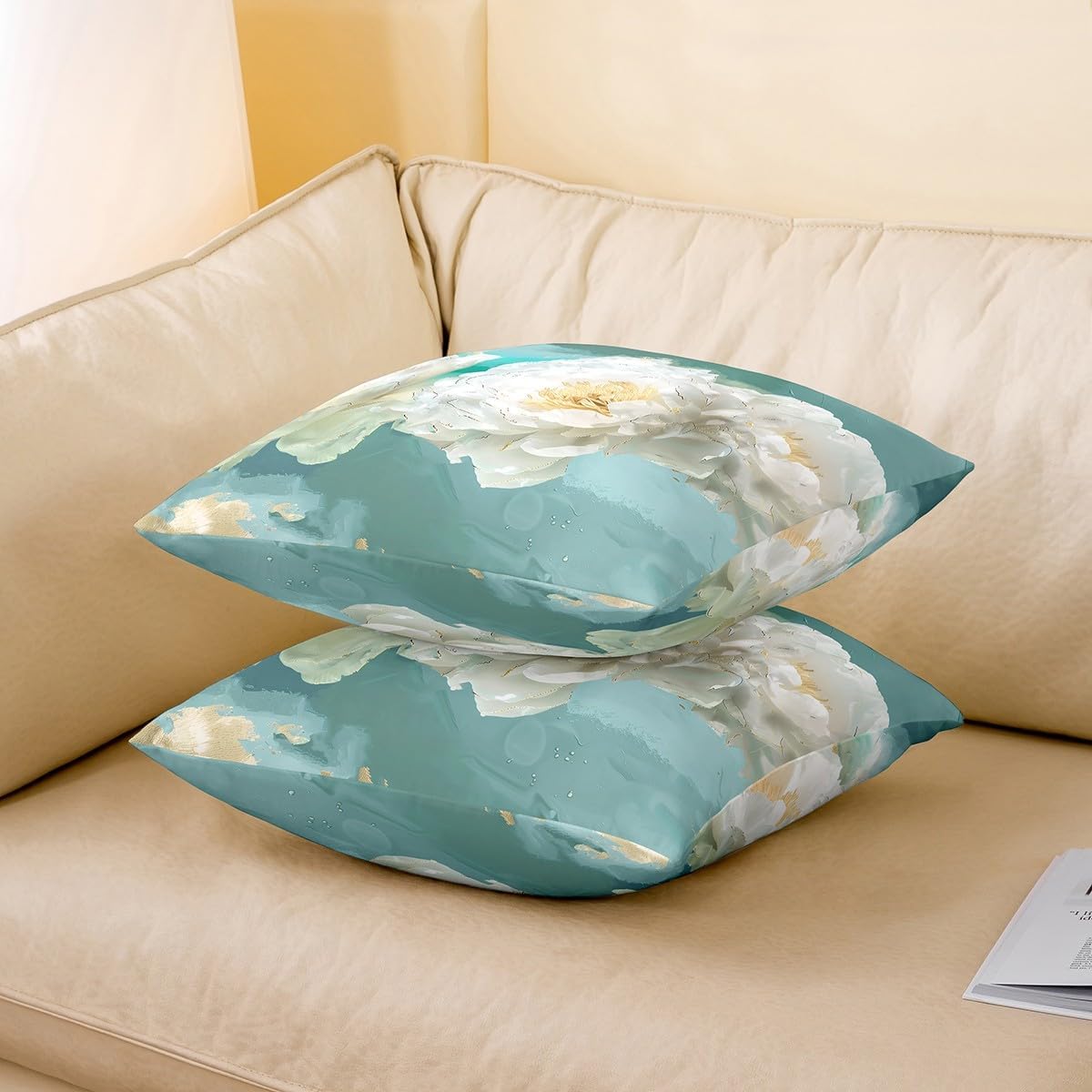 Feelyou White Flower Square Cushion Covers Set of 4 Botanical Pillow Covers for Boys Girls Teel Blue Throw Pillow Covers Garden Flower Pillow Covers 18 x 18-Inch
