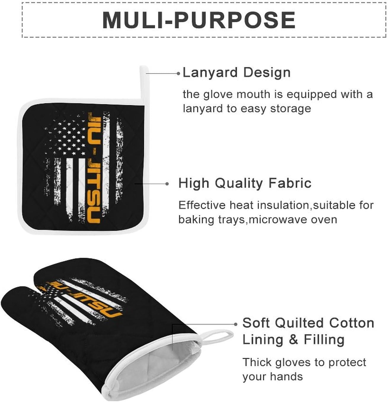 Jiu Jitsu Print Oven Mitts and Pot Holders 3 Piece Sets Heat Resistant Gloves Hot Pads Potholders for Kitchen Baking Cooking