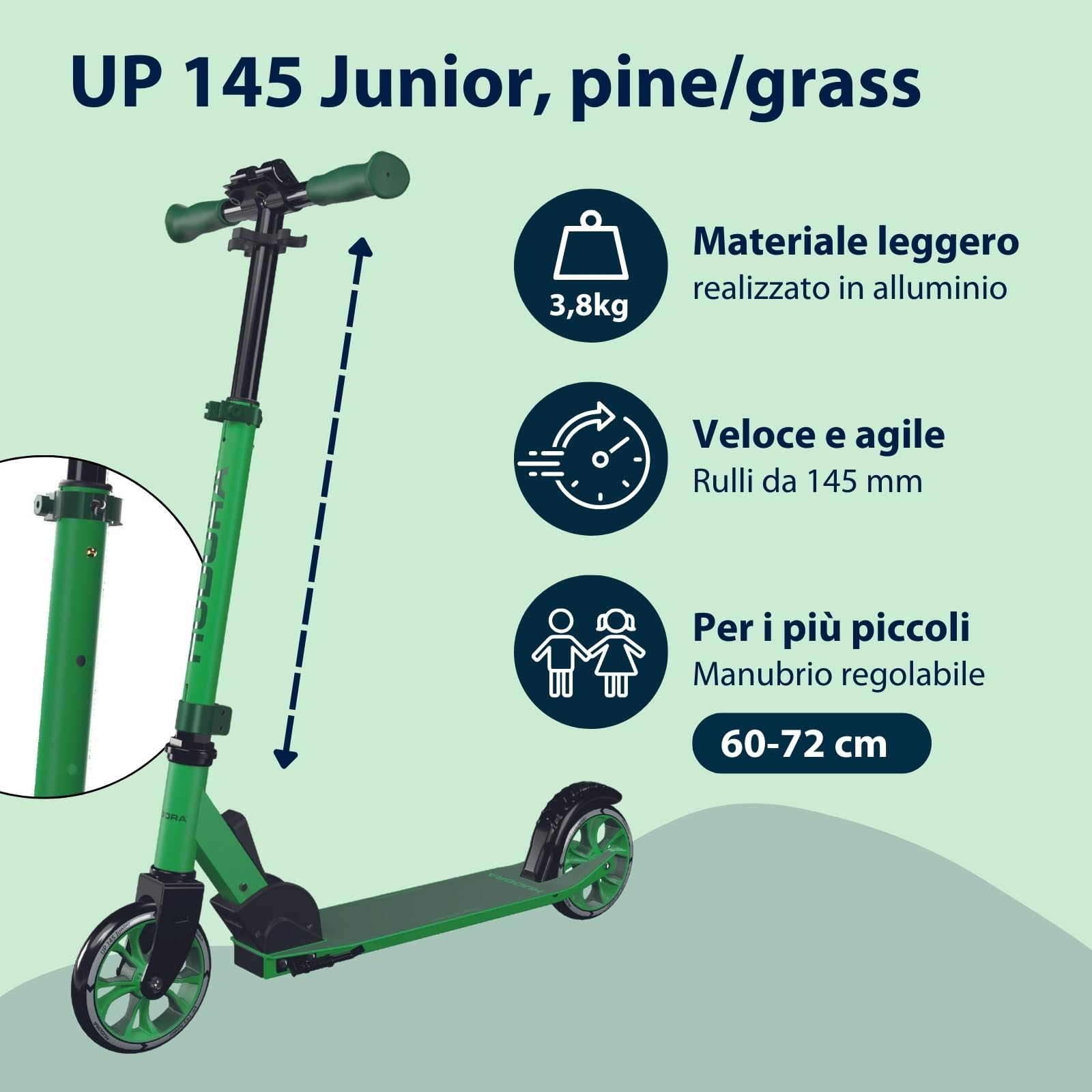 HUDORA Monopattino Up 145 Junior - Monopattino per bambini dai 3 anni sicuro e di qualità - Monopattino pieghevole con rotelle da 145 mm - Monopattino regolabile per ragazzi/e fino ai 60 kg