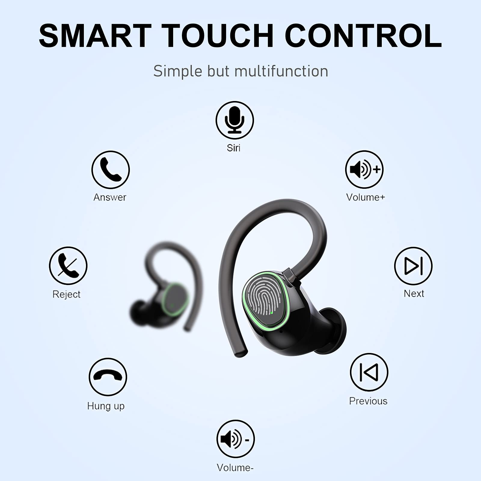 Ecouteurs Bluetooth Sans Fil Sport, 50H Écouteurs Bluetooth 5.3 Avec 4 Enc Mic Ip7 Etanche Oreillette Avec Crochets D Oreille Pour Courir Casque Sans Fil Avec Ecran Led Stereo Hifi Usb C Noir