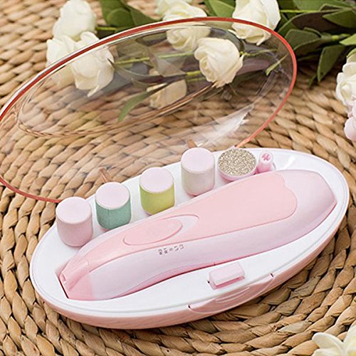 Miniatura 5 de TOOGOO - Lima de uñas para bebé con cortaúñas, luz LED y 10 cabezales de molienda (rosa), Rosado