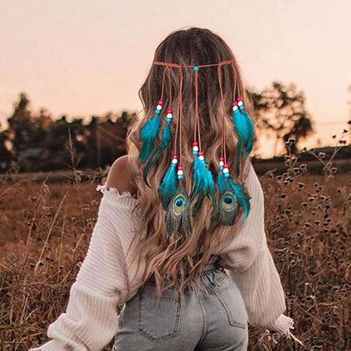 Gangel Diadema de plumas turquesas, diadema de plumas indias hippie con plumas de pavo real, borla, cuerda de cáñamo para festival, diadema de